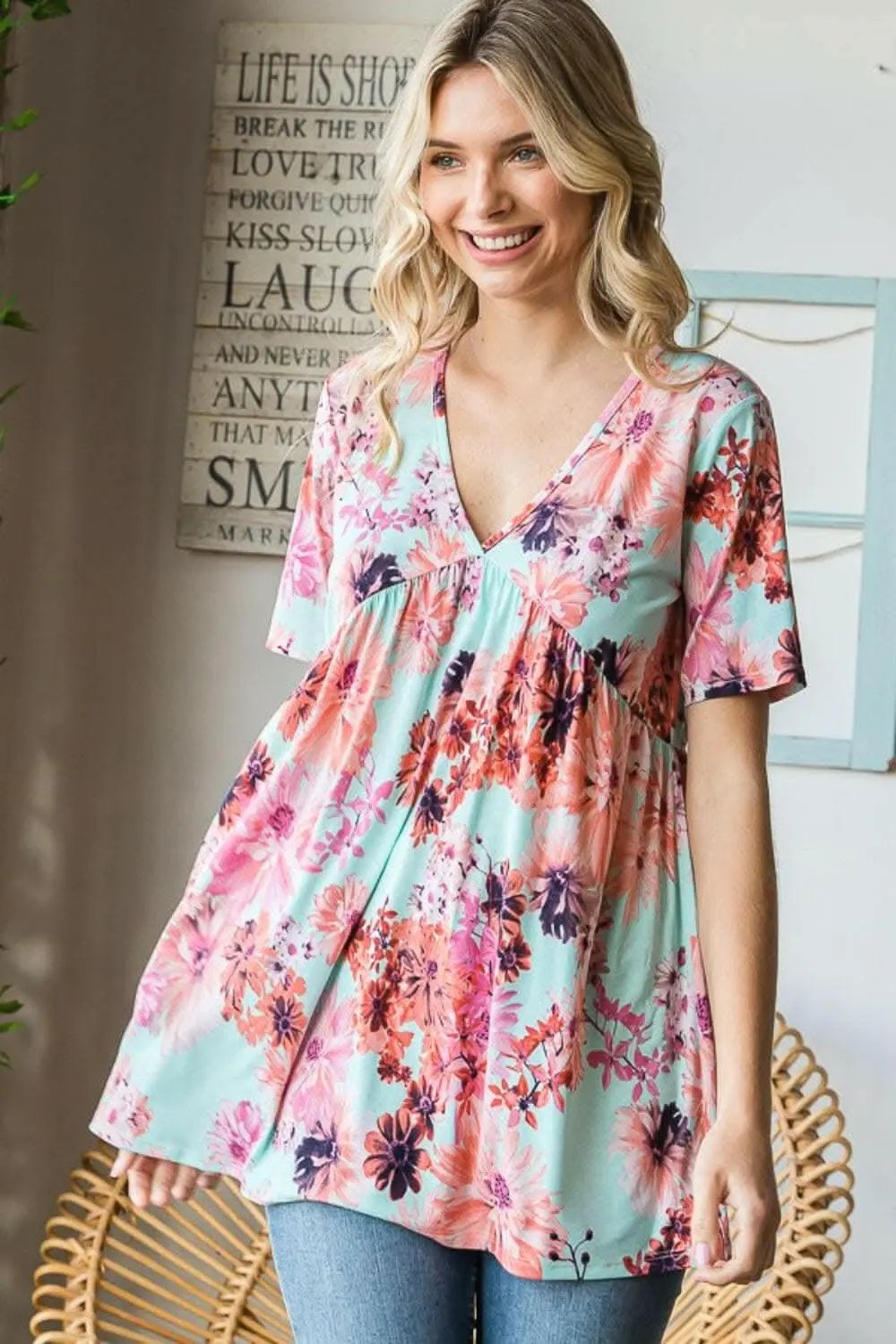 Trendsi Heimish Floral Blouse Women's V-Neck Babydoll Top Cute & Comfy