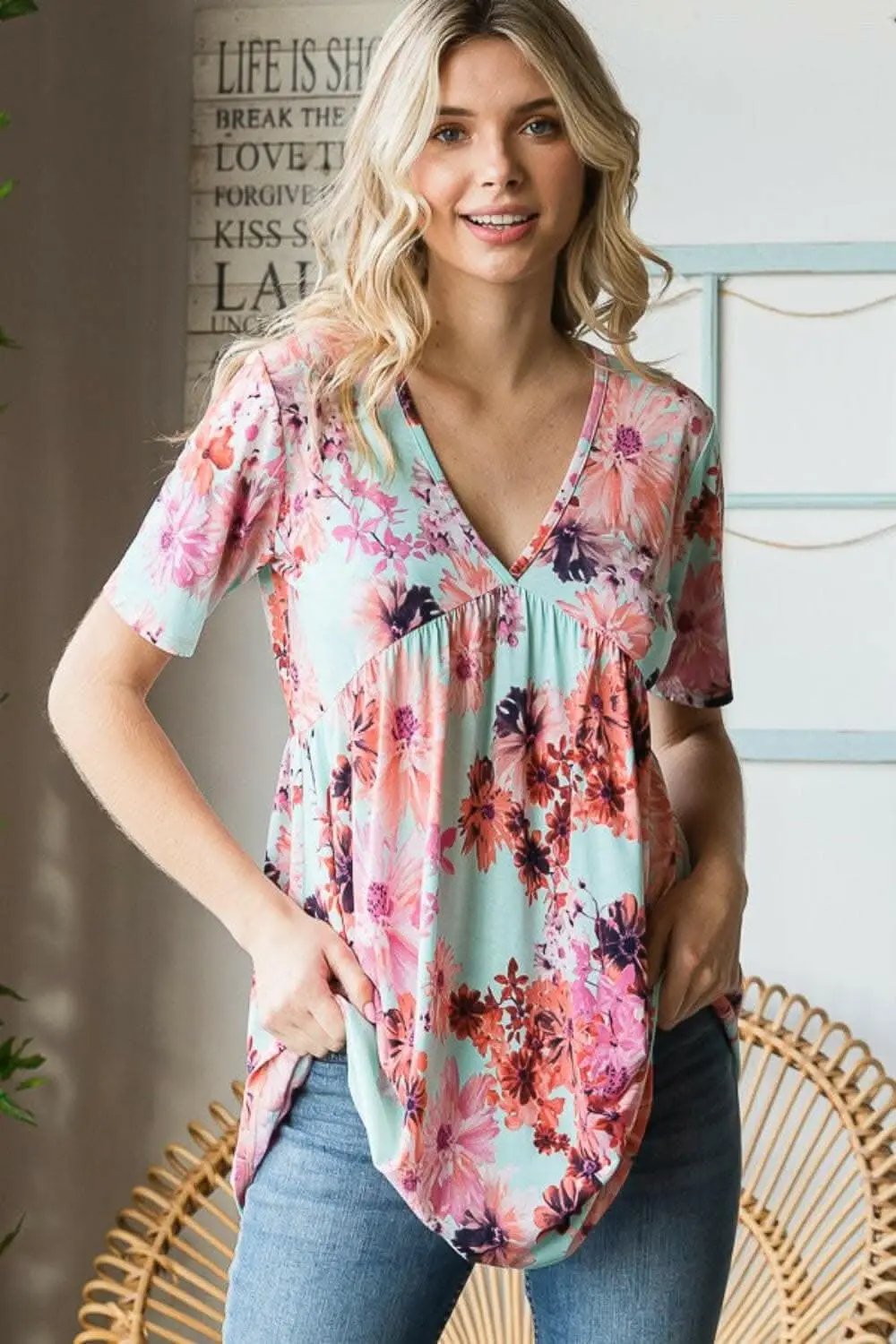 Trendsi Heimish Floral Blouse Women's V-Neck Babydoll Top Cute & Comfy
