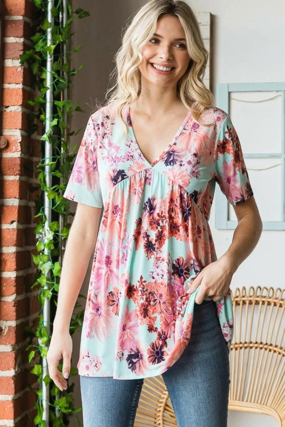 Trendsi Heimish Floral Blouse Women's V-Neck Babydoll Top Cute & Comfy