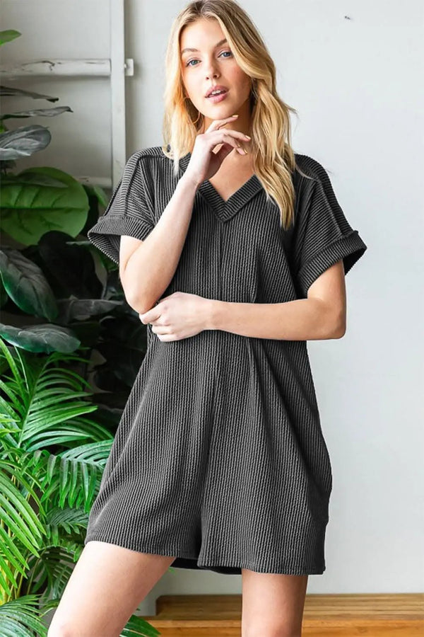 Women's Ribbed Romper - Pockets, Short Sleeve - Casual Summer One-Piece