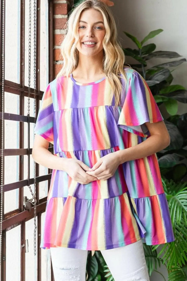 Trendsi Shorts - Heimish Full Size Short Sleeve Striped Tiered Top