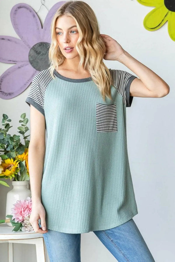 Trendsi usa - Heimish Full Size Striped Short Sleeve Waffle T-Shirt