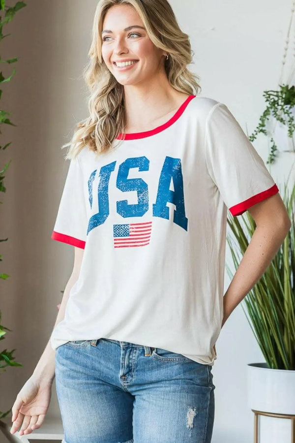 Trendsi Heimish Full Size USA Contrast Trim Short Sleeve T-Shirt