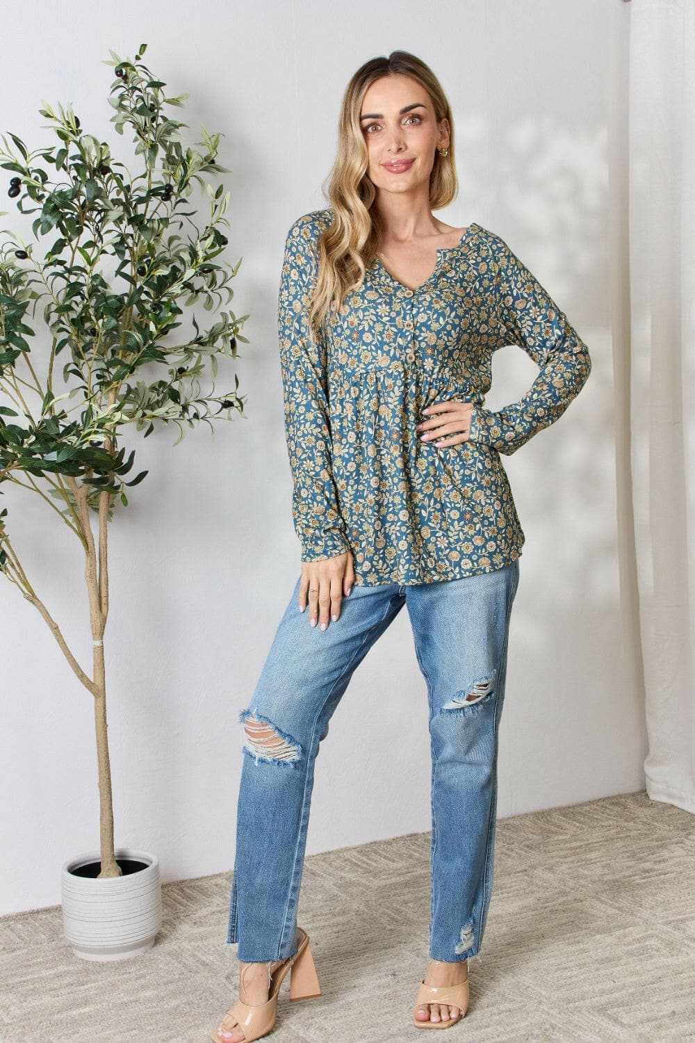 Trendsi Heimish floral half-button blouse
