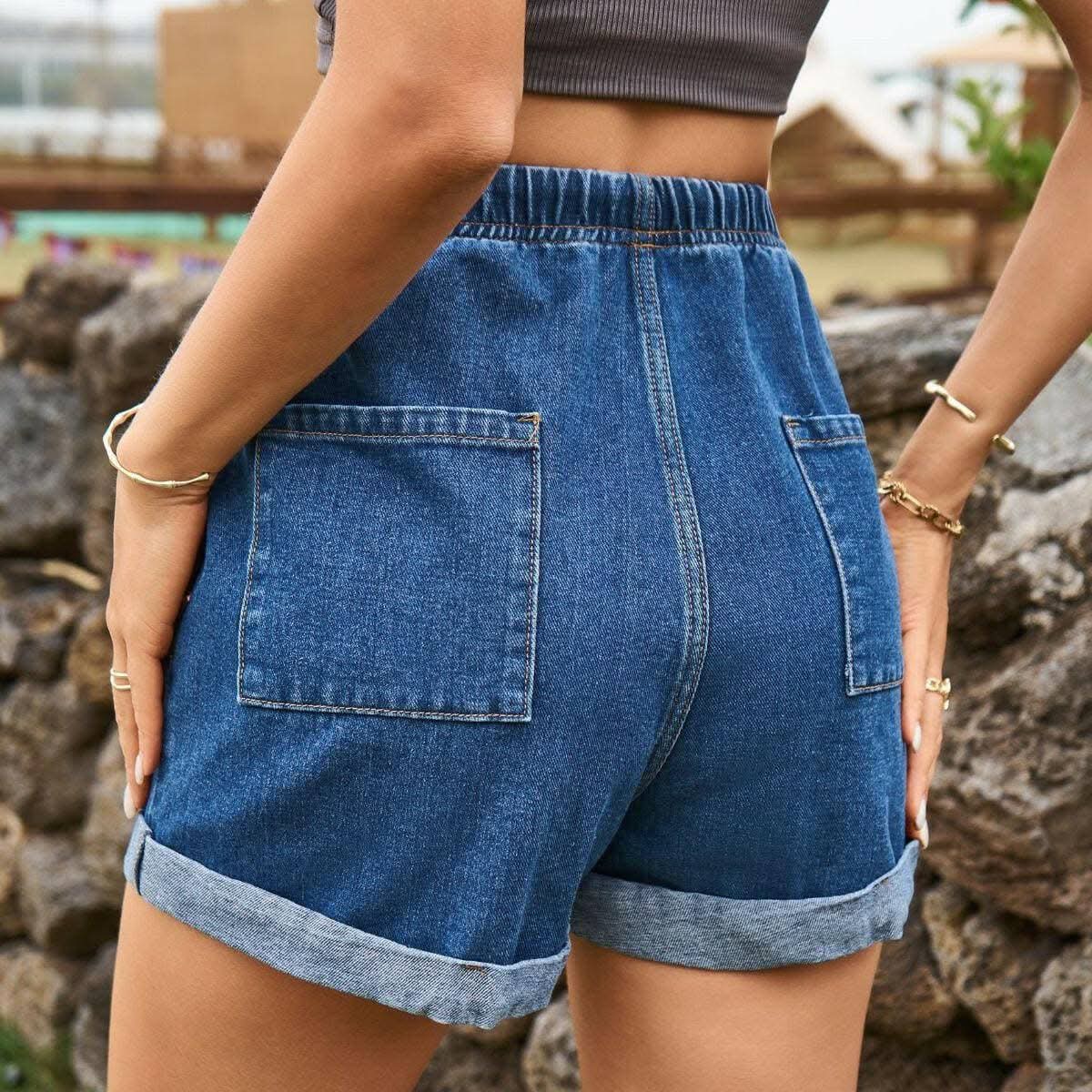 Denim Shorts - High-Waisted with Pockets - Casual