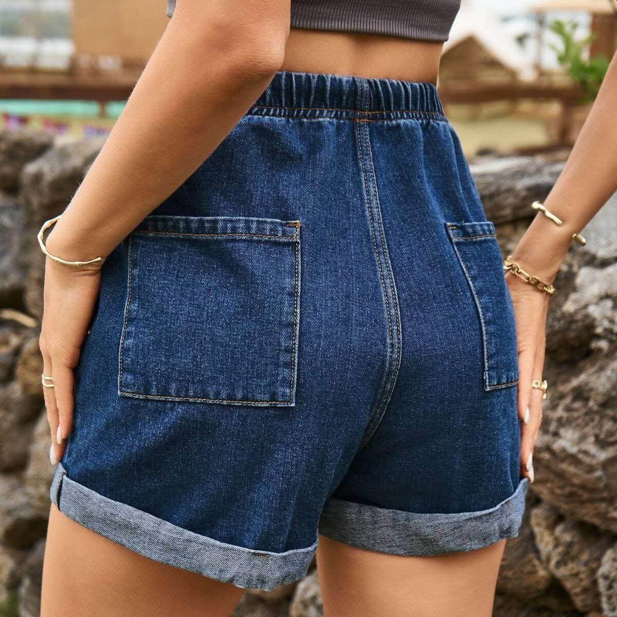 Denim Shorts - High-Waisted with Pockets - Casual