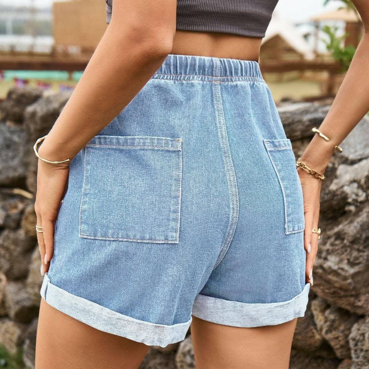 Denim Shorts - High-Waisted with Pockets - Casual