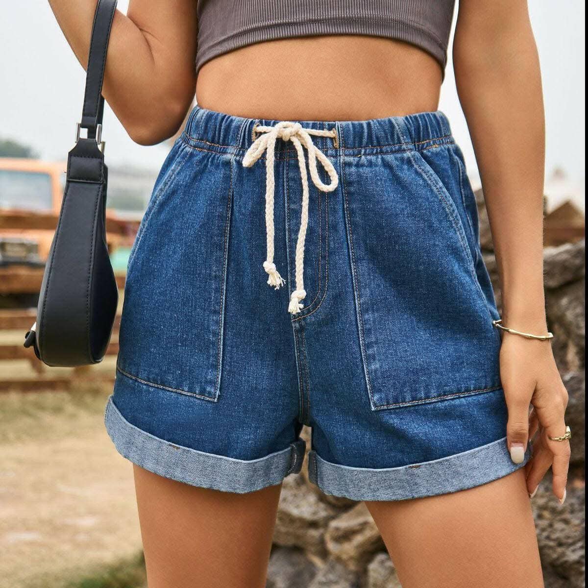 Denim Shorts - High-Waisted with Pockets - Casual