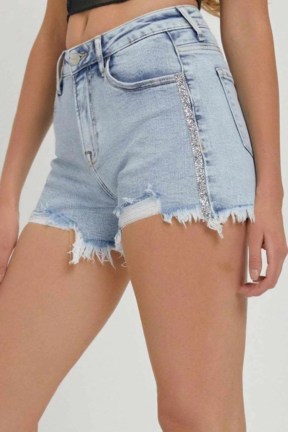 Trendsi Rhinestone Denim Shorts Women's High Rise Summer Fashion Shorts - Premium Fit