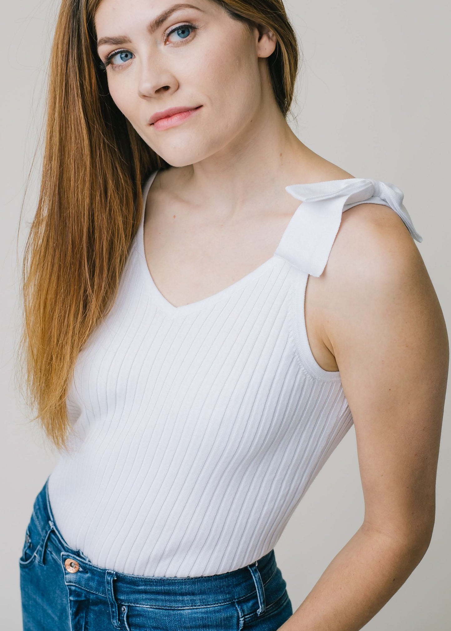 V-Neck Rib Knit Tank with Bow