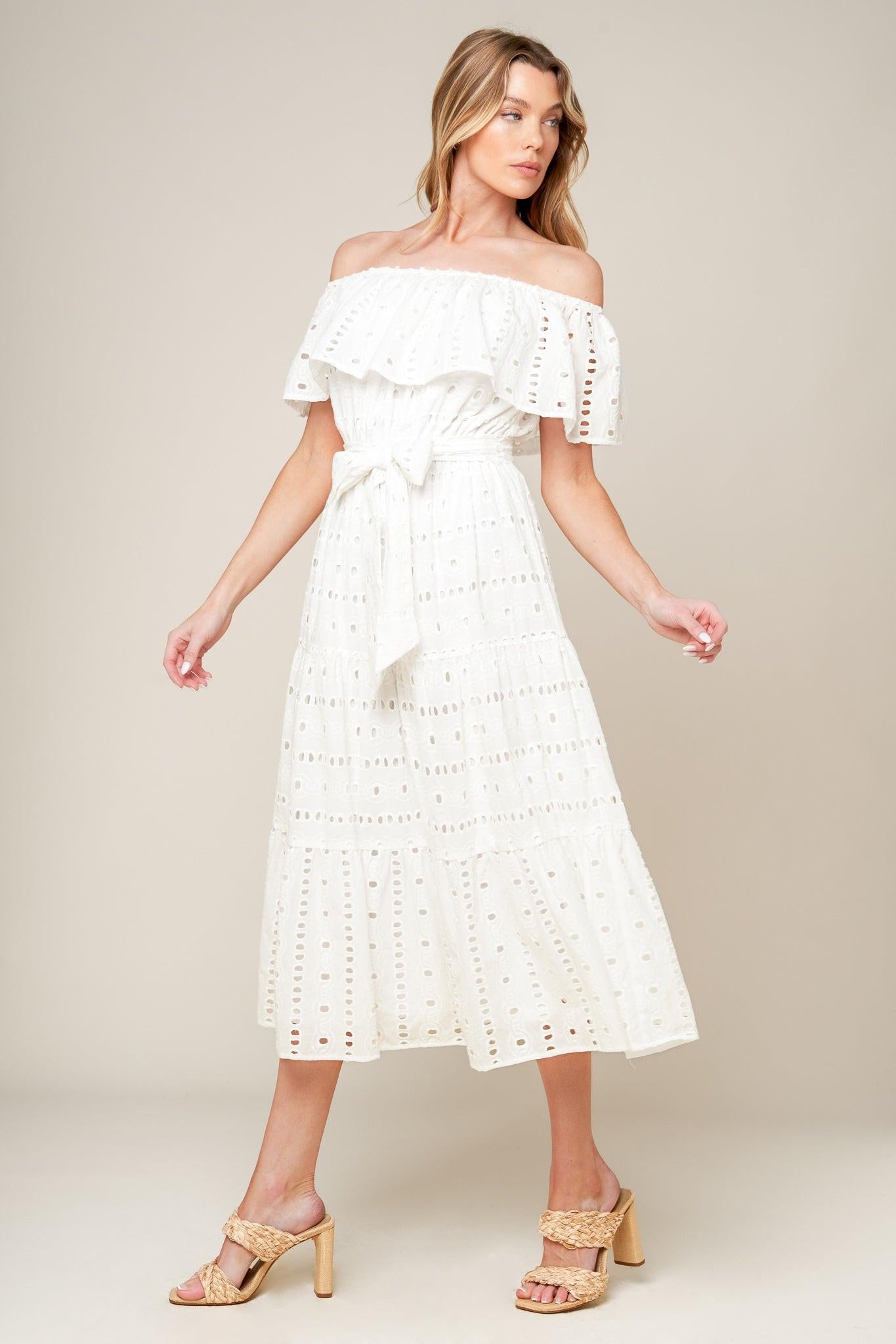 CATCHING MY BREATH EYELET MIDI DRESS