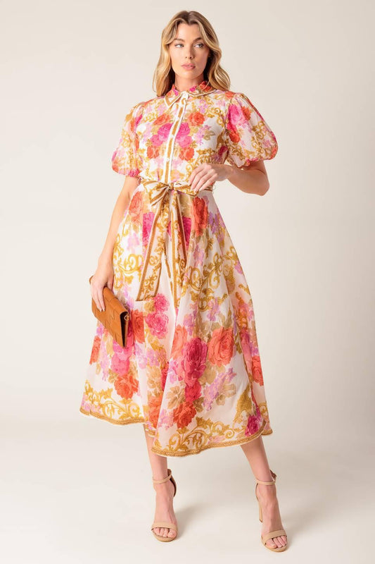 GARDEN TAPESTRY IVORY FLORAL WOVEN MIDI DRESS