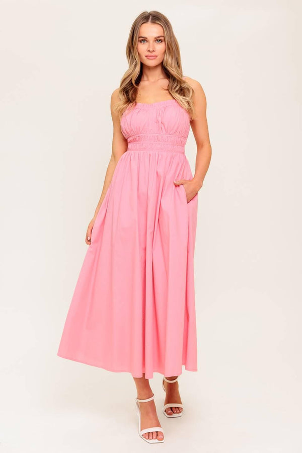 HONEY SUNSET PINK WOVEN MIDI DRESS