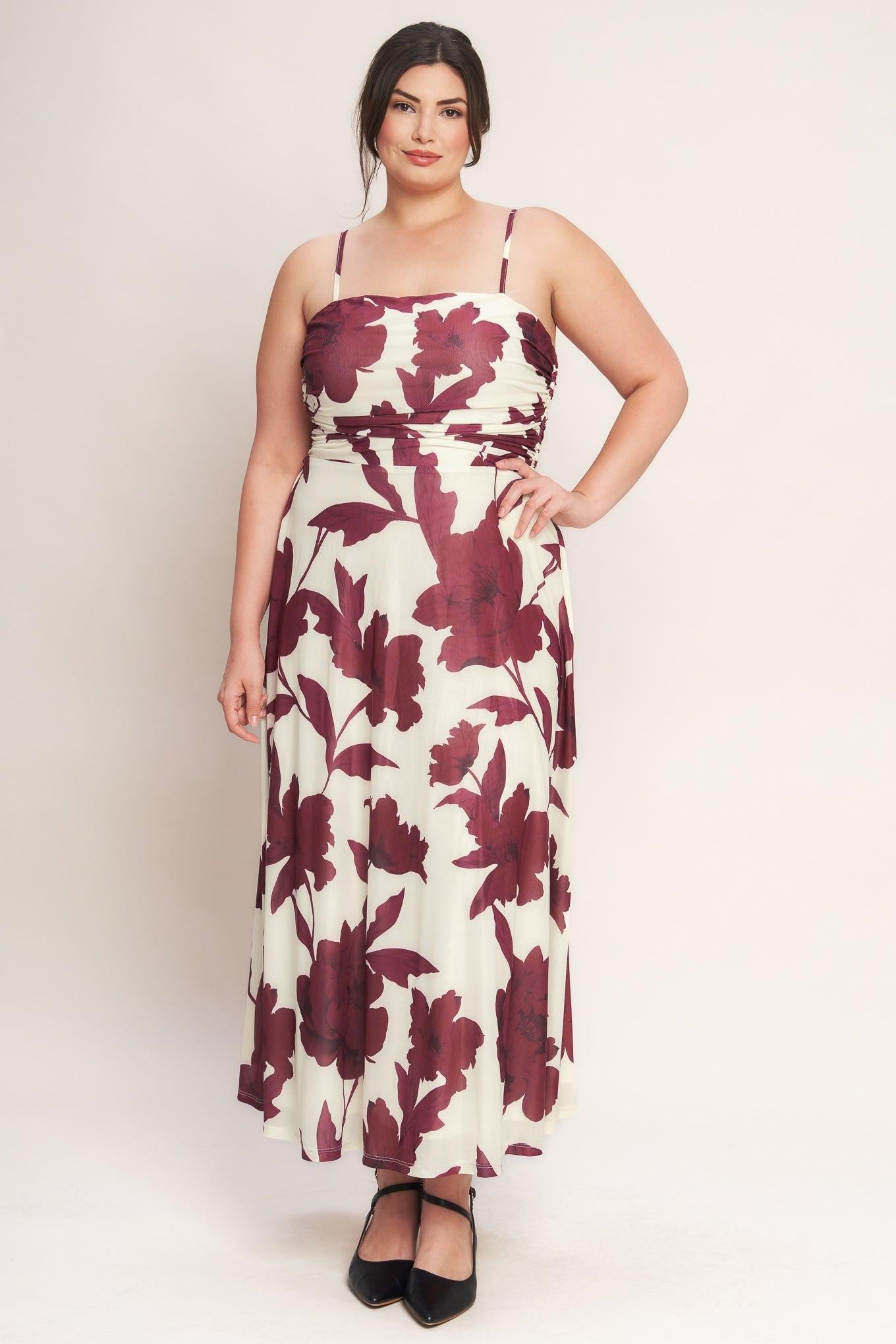 WINE BLOOM POWER MESH MIDI DRESS