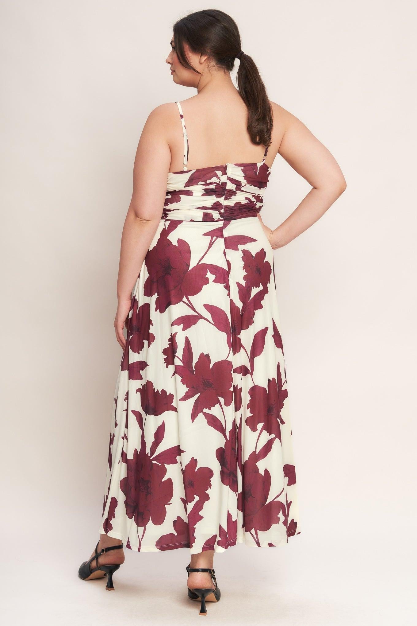 WINE BLOOM POWER MESH MIDI DRESS