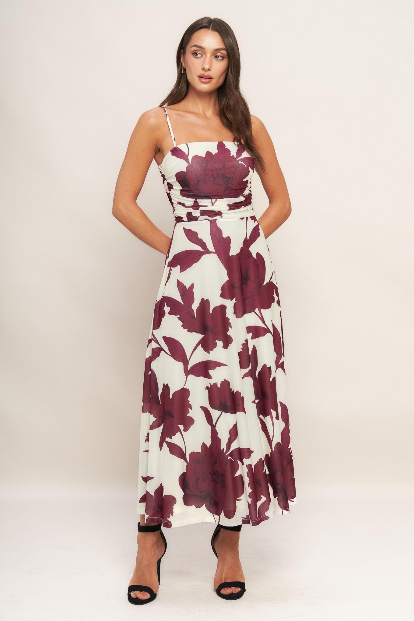 WINE BLOOM POWER MESH MIDI DRESS