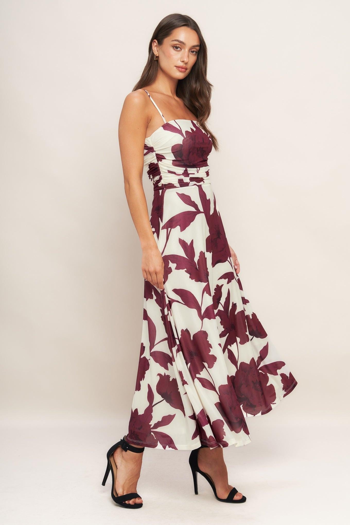 WINE BLOOM POWER MESH MIDI DRESS