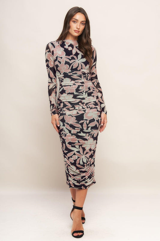 MUTED ROMANCE POWER MESH MIDI DRESS