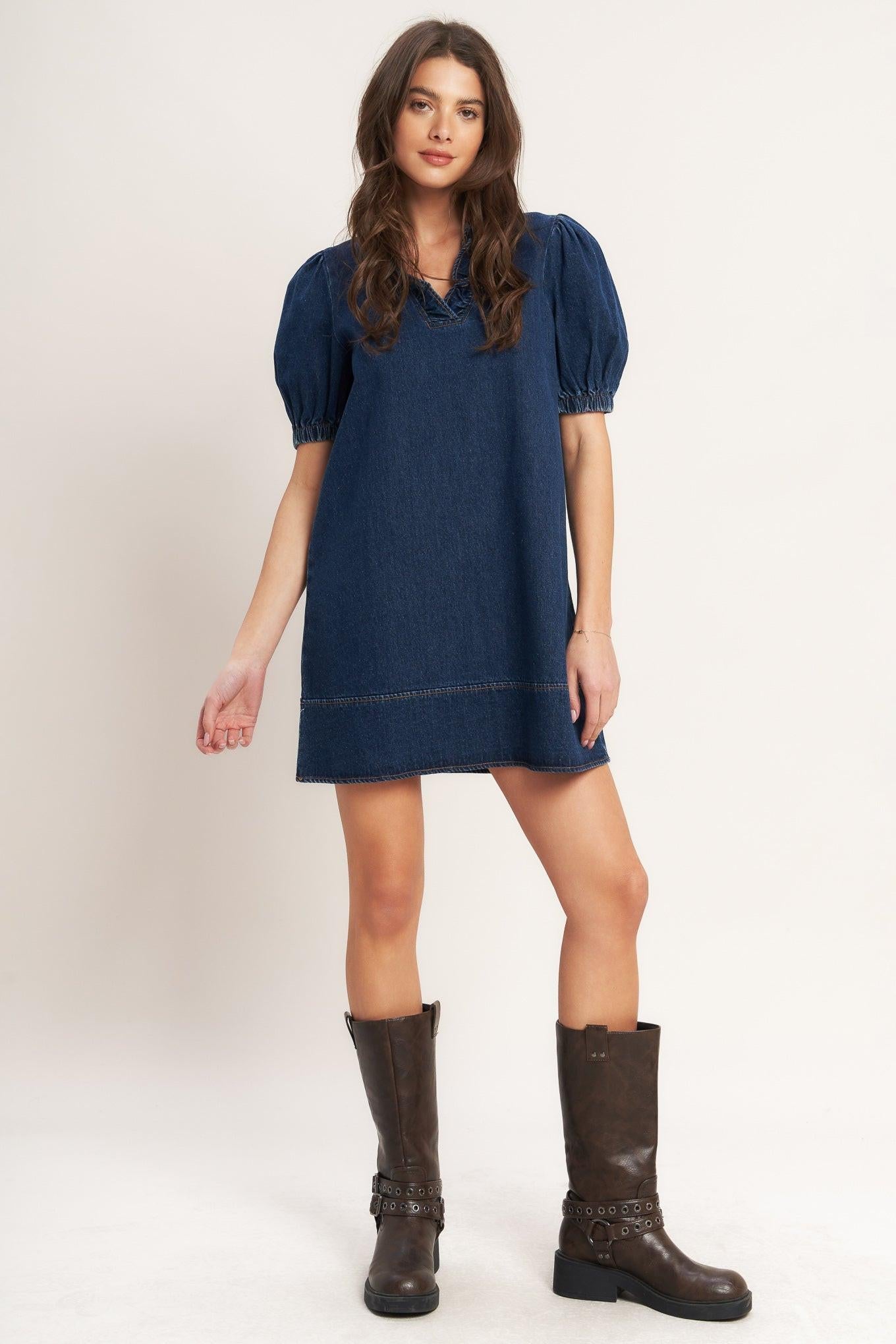 MODERN FOLK TOUCH DNIM MINI DRESS