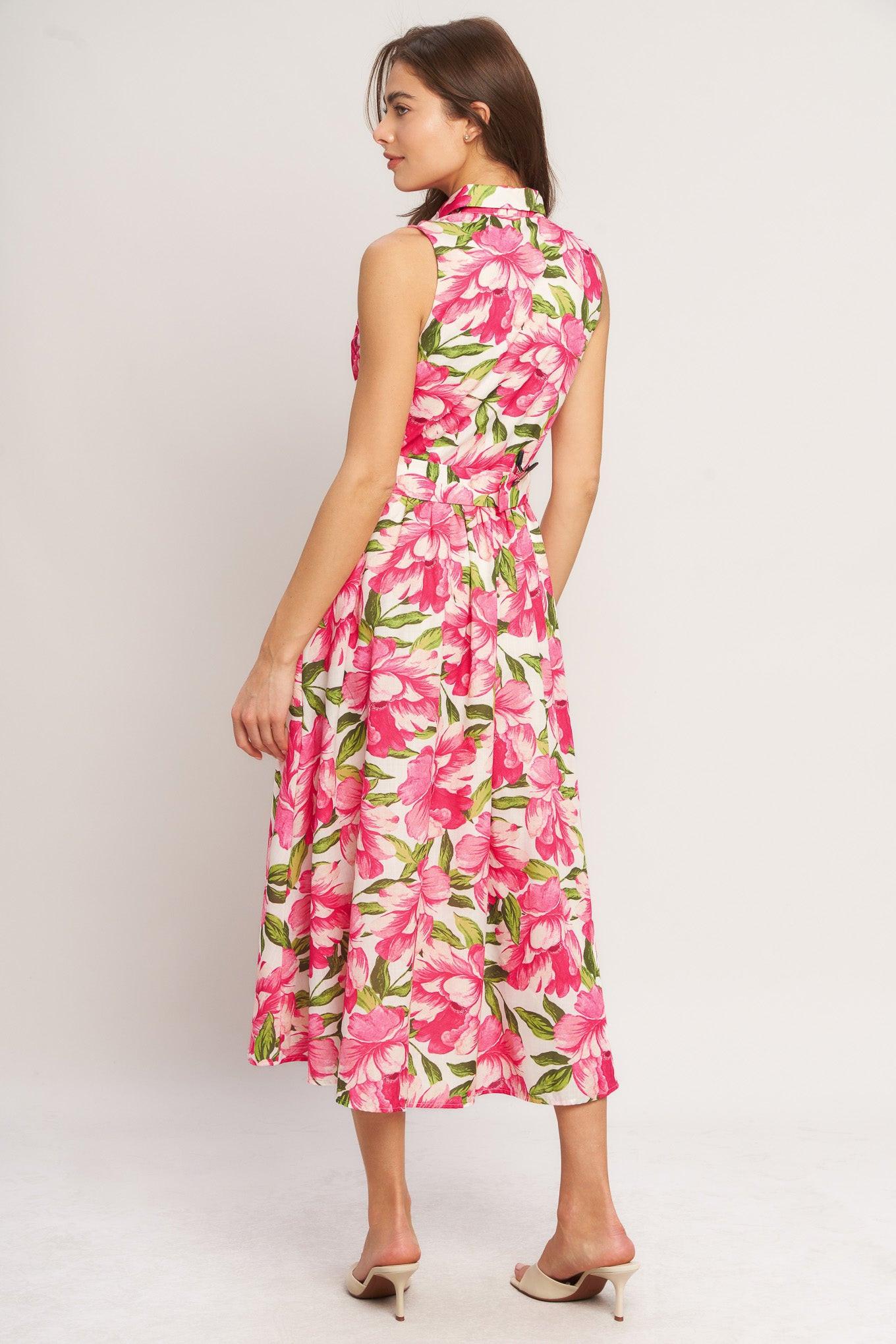 PINK PARADISE WOVEN MIDI DRESS