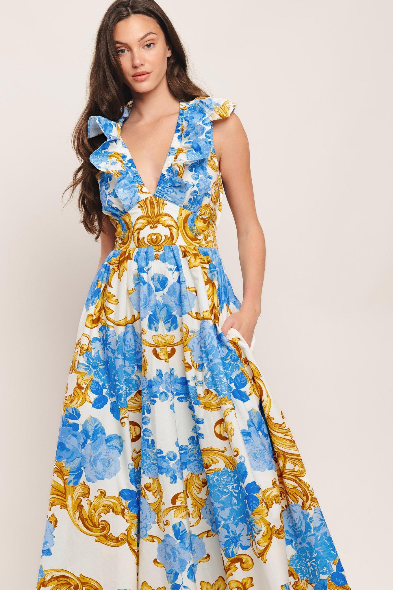 woven midi dress Lined Embroidered Stitch Woven Midi Dress