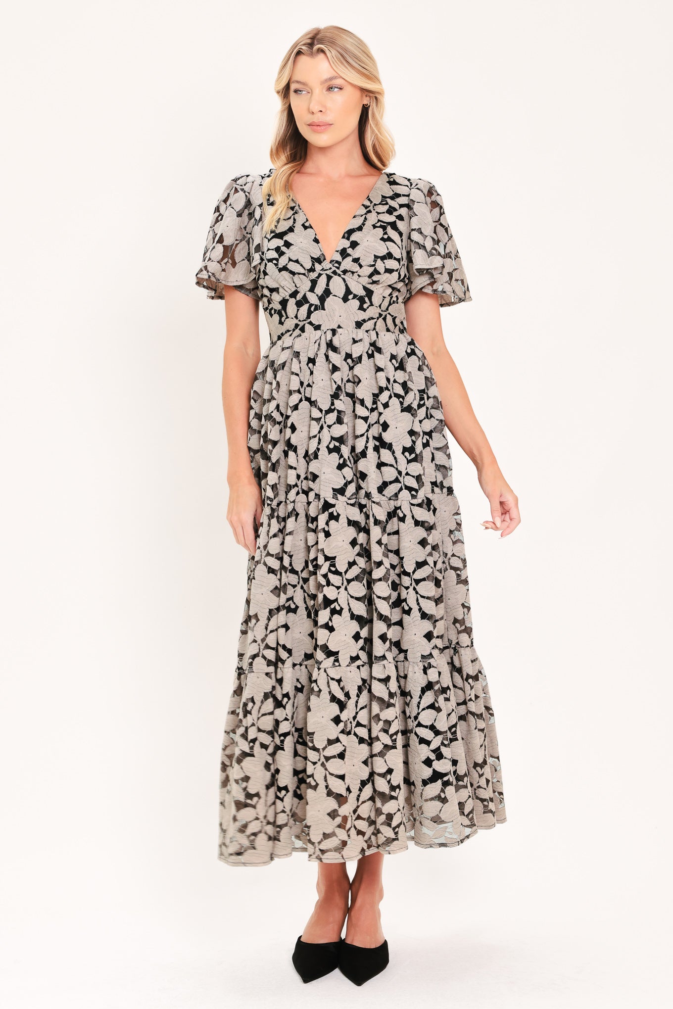 ASHEN FLORAL MAJESTY WOVEN LACE MIDI DRESS