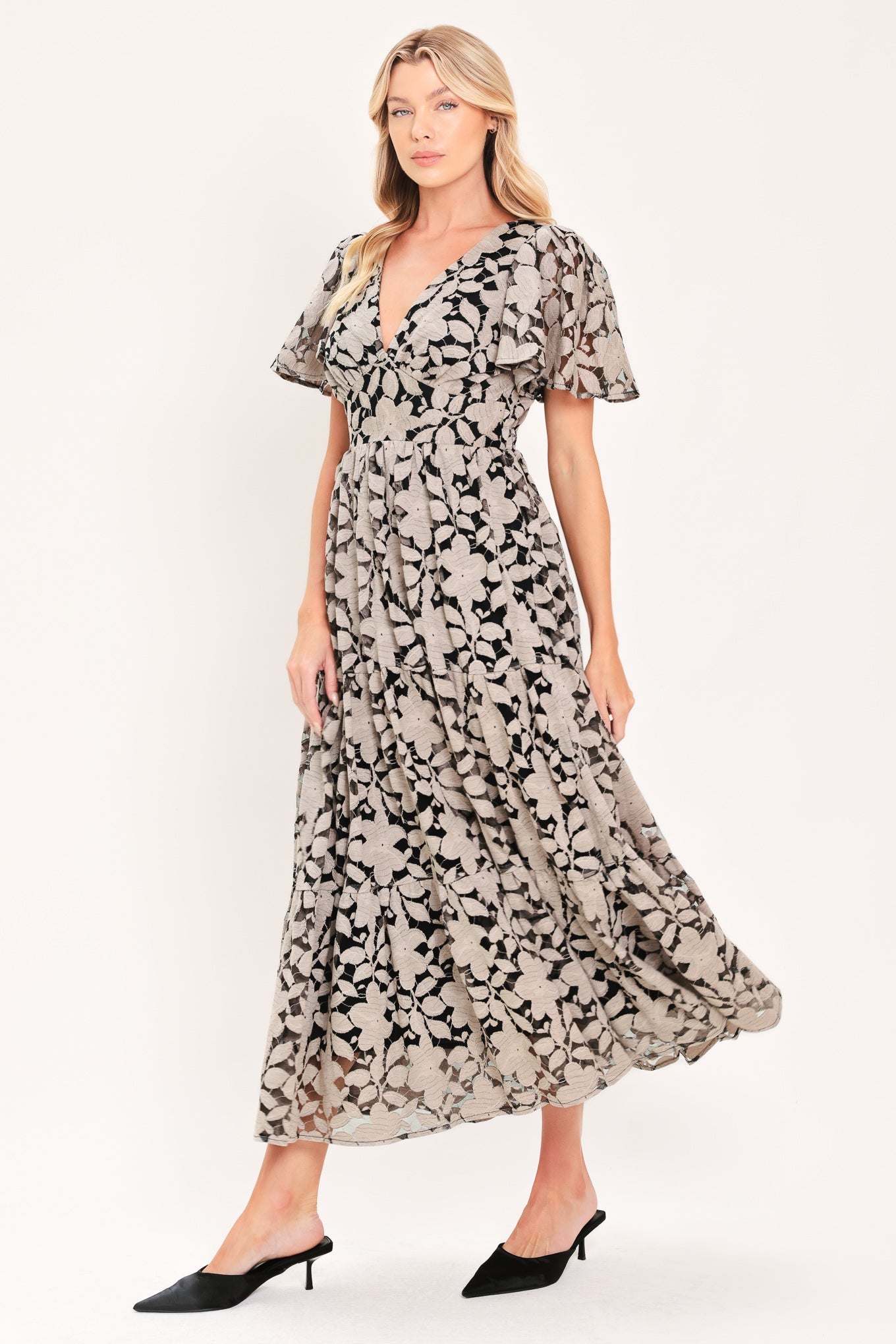 ASHEN FLORAL MAJESTY WOVEN LACE MIDI DRESS