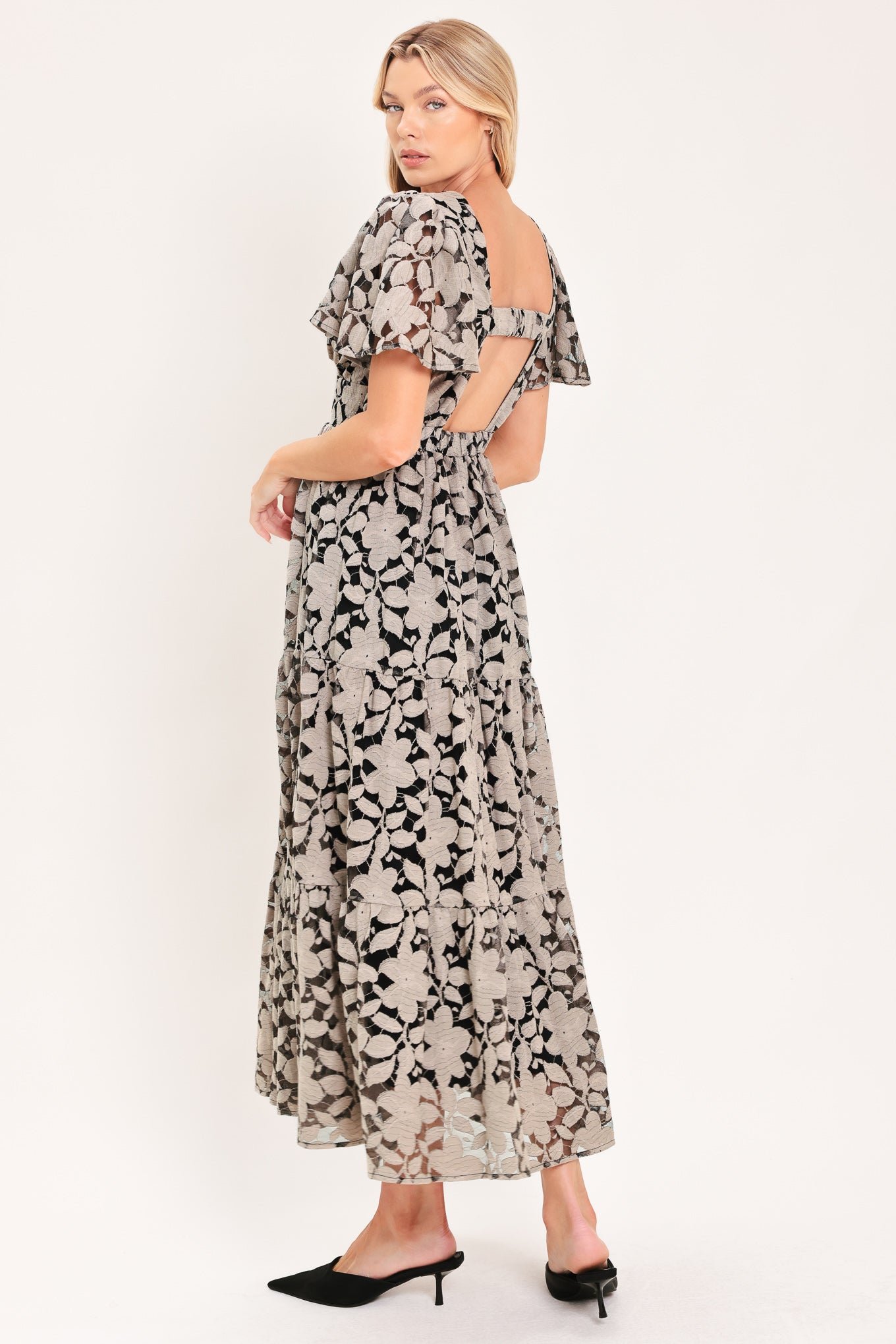 ASHEN FLORAL MAJESTY WOVEN LACE MIDI DRESS