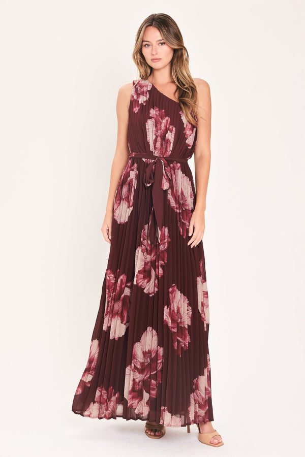 CRIMSON AFFAIR BURGUNDY PLEATED ONE-SHOULDER MAXI DRESS