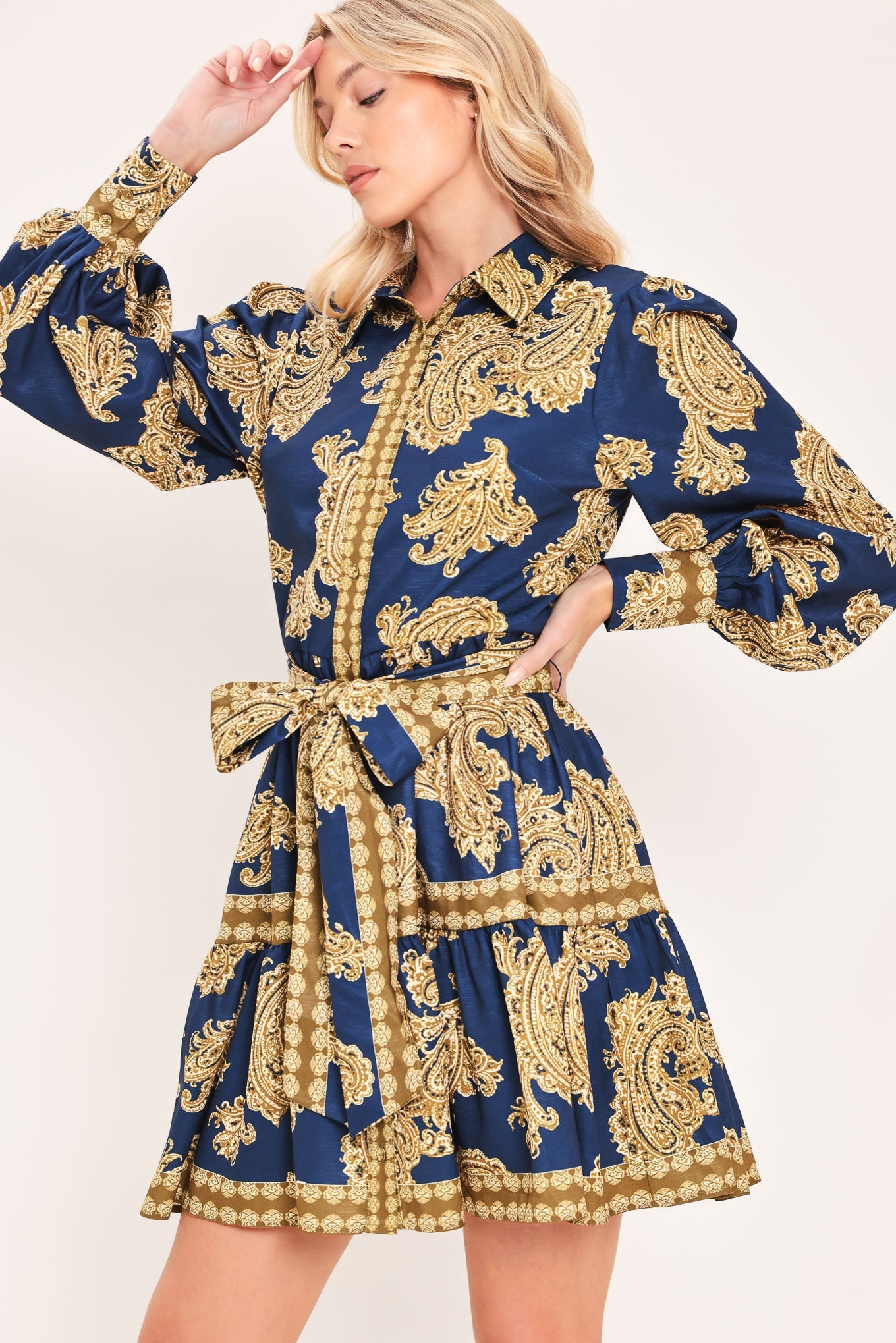 SAPPHIRE ORNAMENT WOVEN MINI SHIRT DRESS