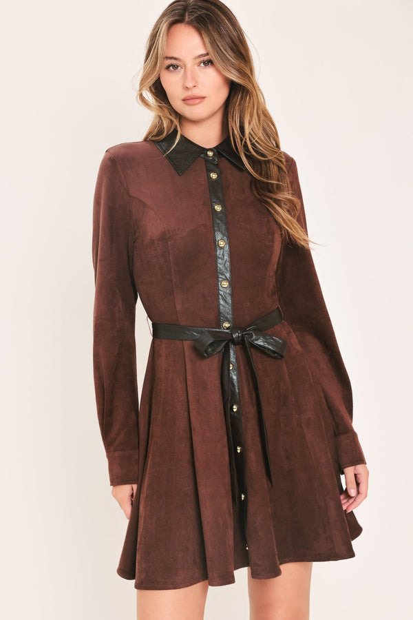FALLING FOR YOU BURGUNDY FAUX SUEDE TIE-WAIST MINI DRESS