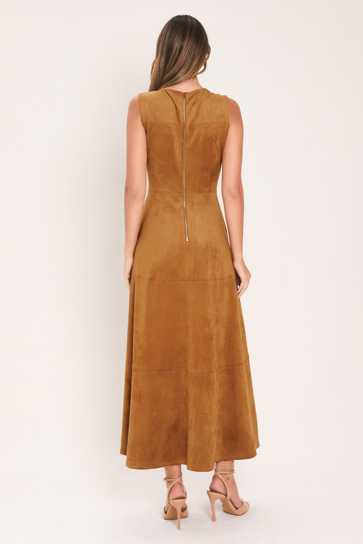 HARVEST MOON CAMEL FAUX SUEDE FIT & FLARE MIDI DRESS