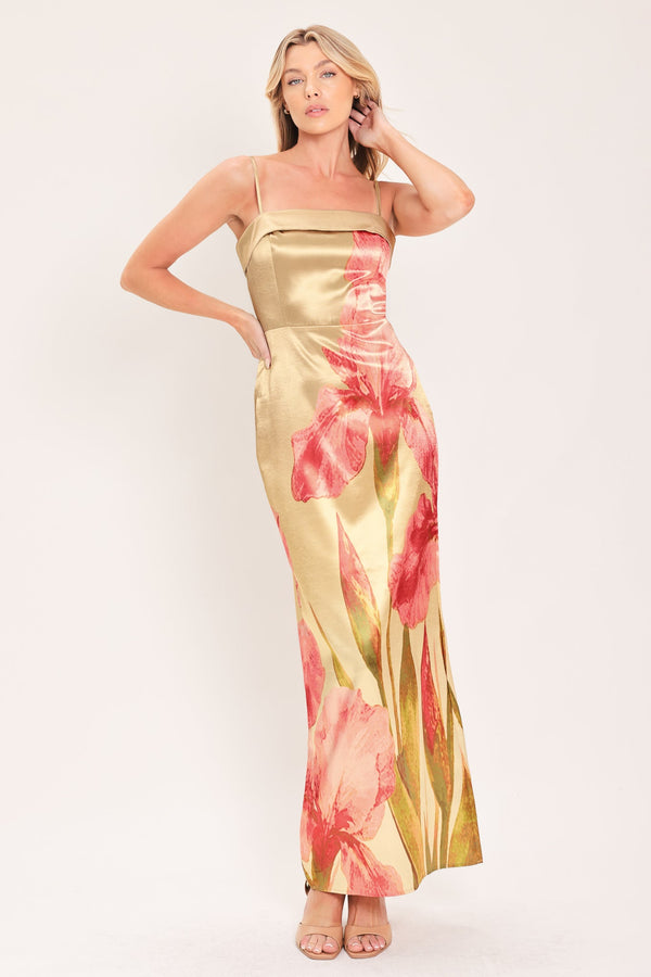 ROSÉ GARDEN GLEAM WOVEN COLUMN MAXI DRESS