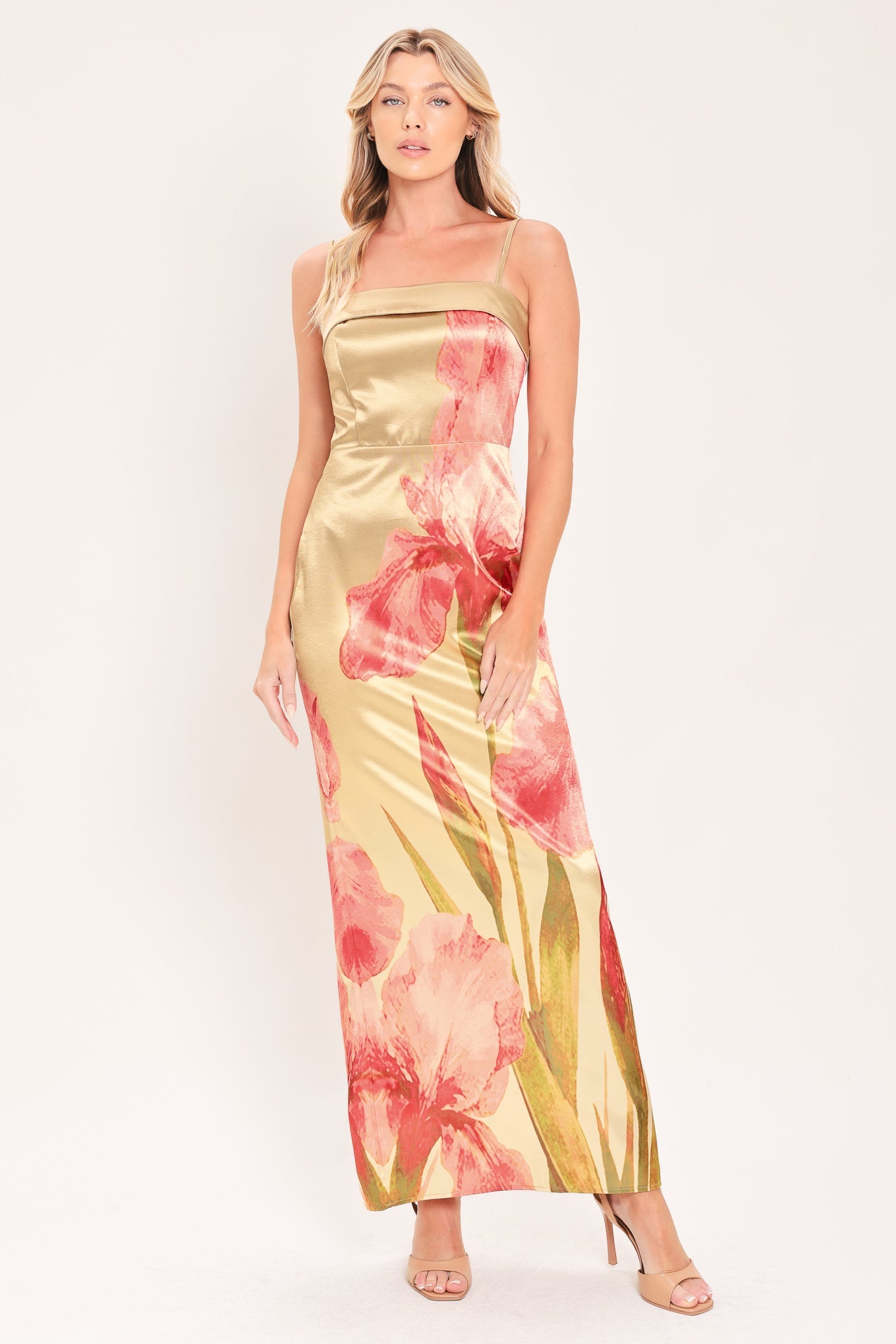 ROSÉ GARDEN GLEAM WOVEN COLUMN MAXI DRESS