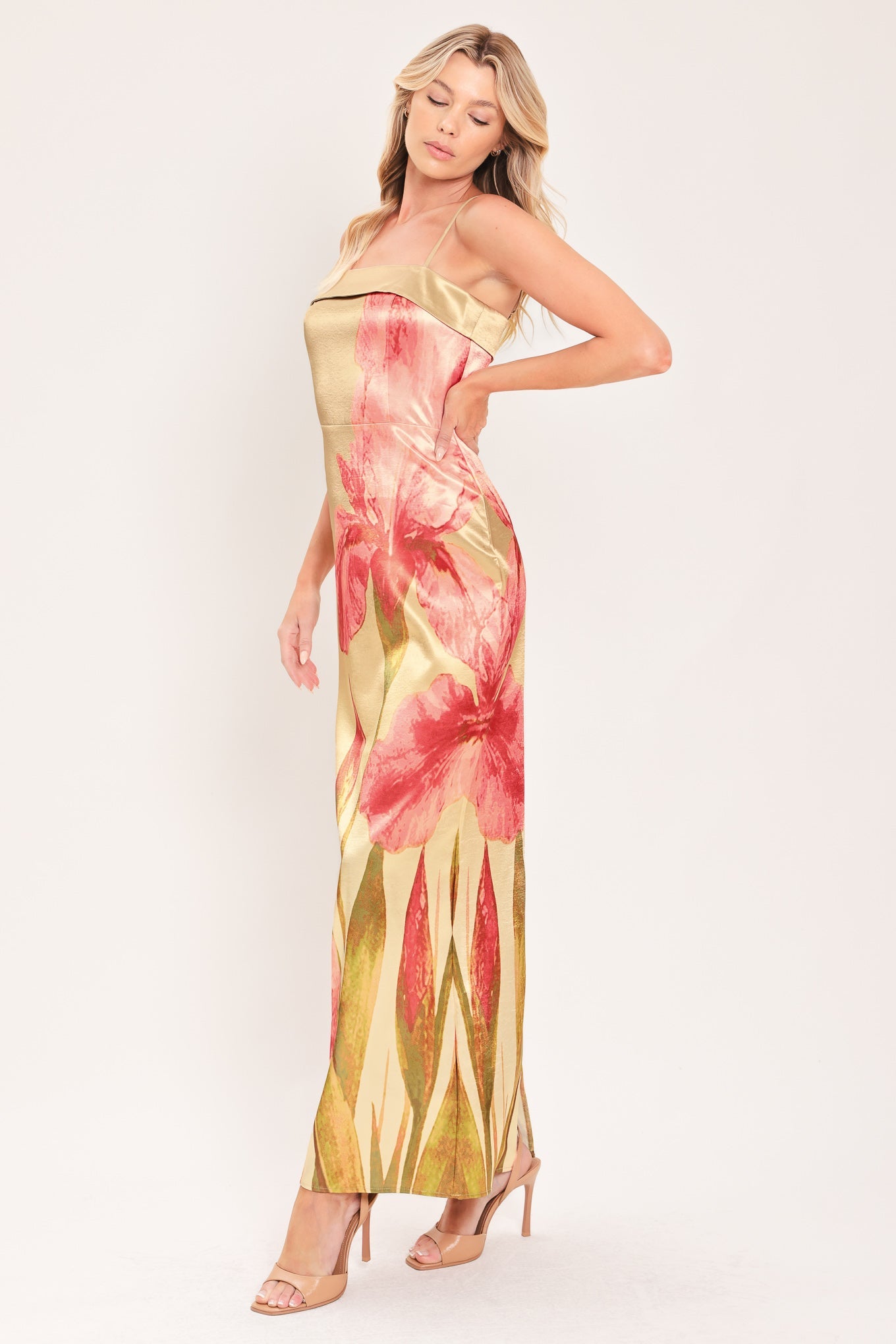 ROSÉ GARDEN GLEAM WOVEN COLUMN MAXI DRESS