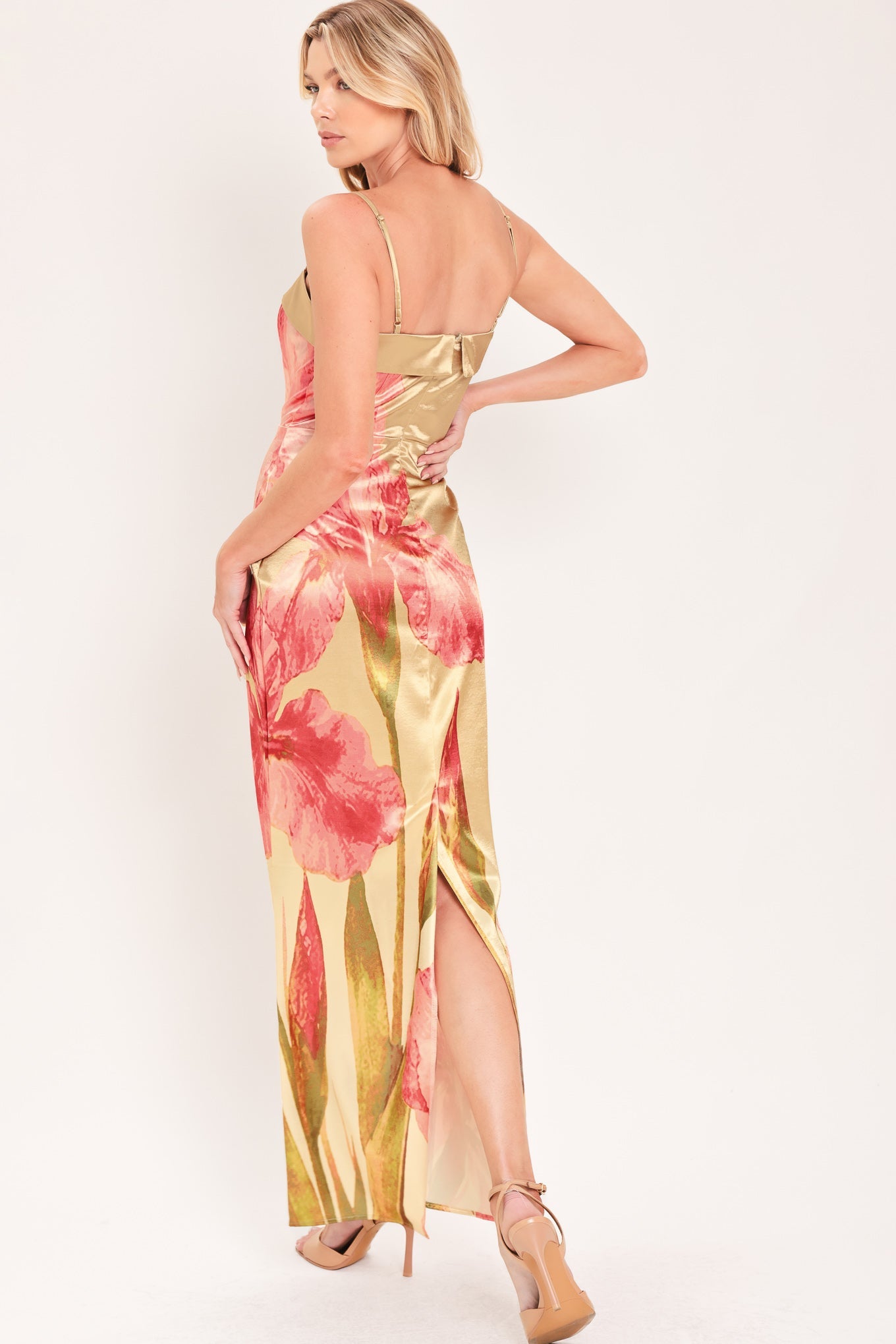 ROSÉ GARDEN GLEAM WOVEN COLUMN MAXI DRESS