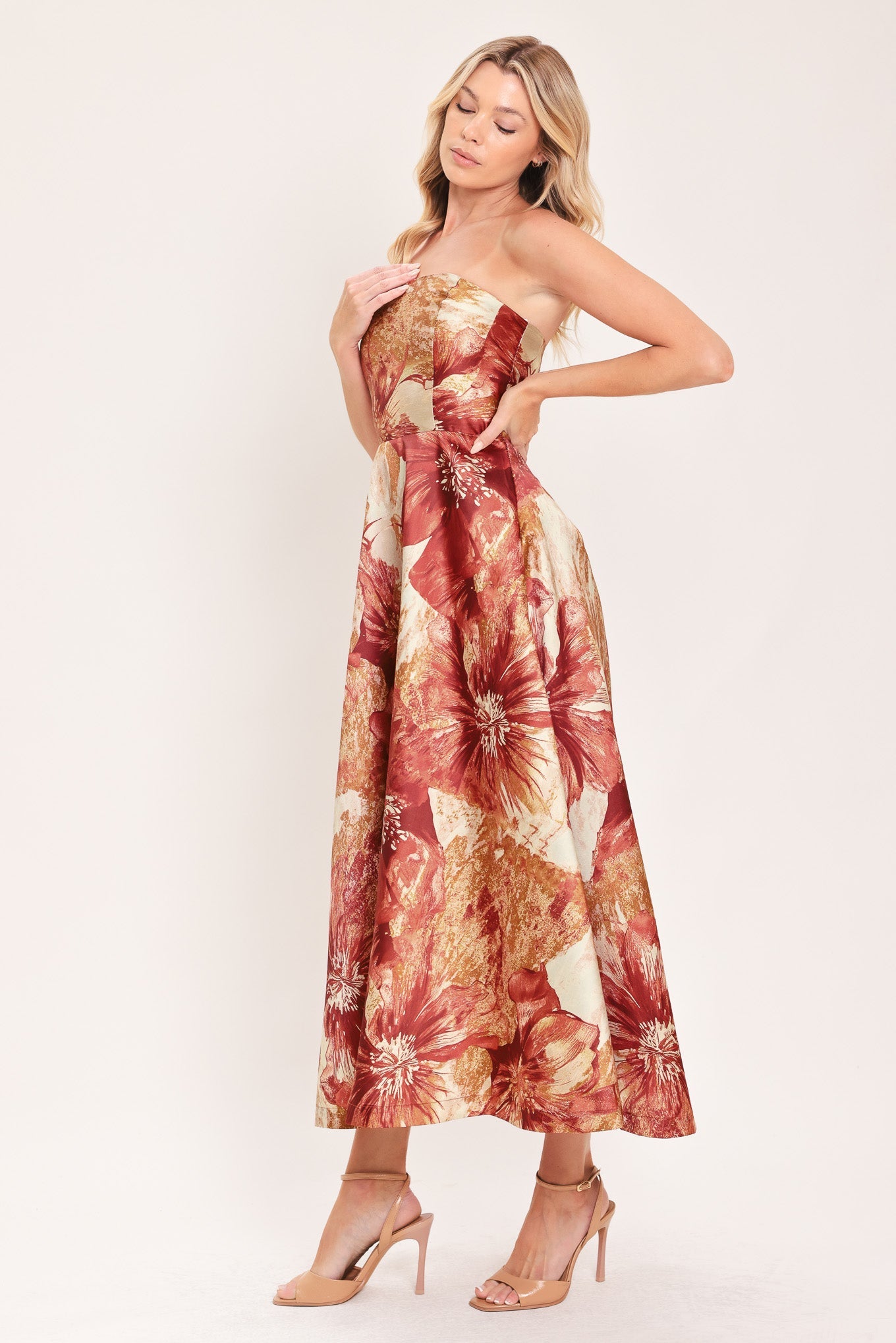 CINNAMON FLORA DRIFT WOVEN MIDI DRESS