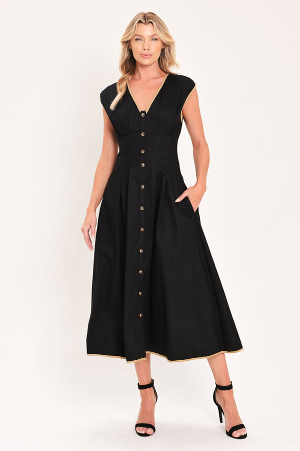 NIGHTFALL GOLD ACCENT WOVEN MIDI DRESS