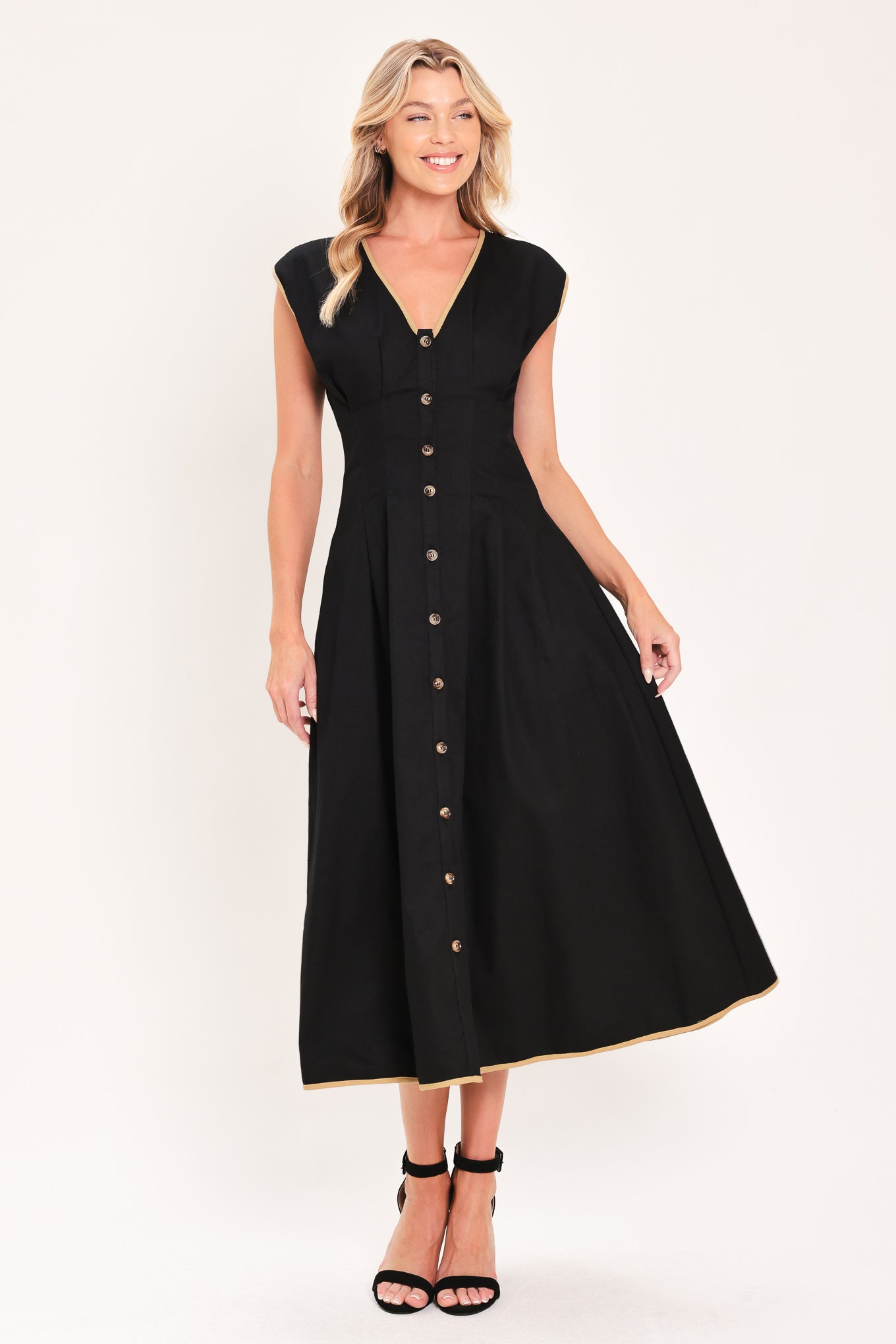NIGHTFALL GOLD ACCENT WOVEN MIDI DRESS