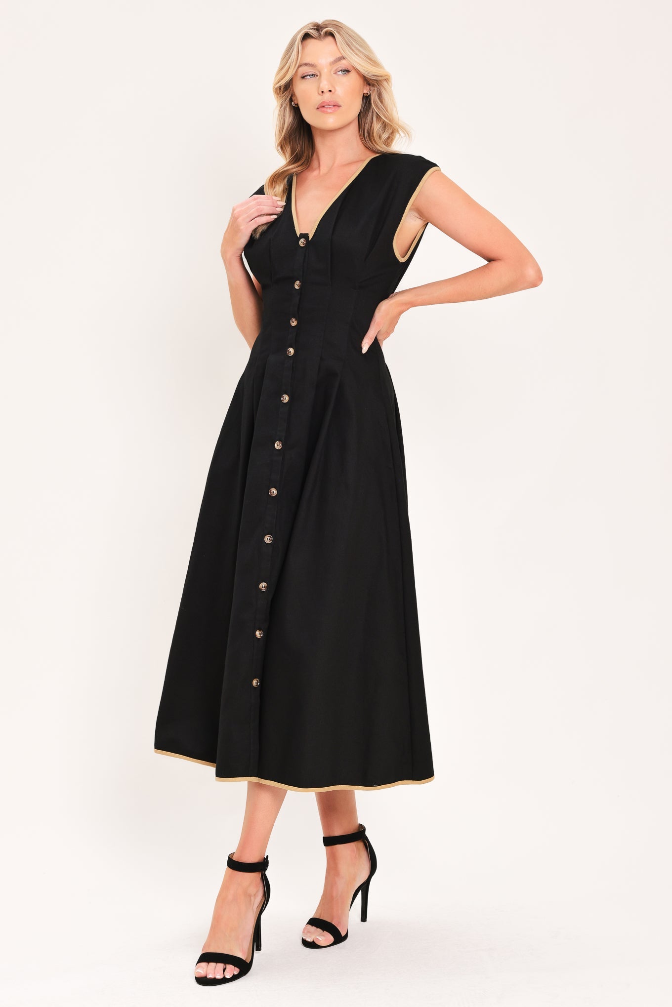 NIGHTFALL GOLD ACCENT WOVEN MIDI DRESS