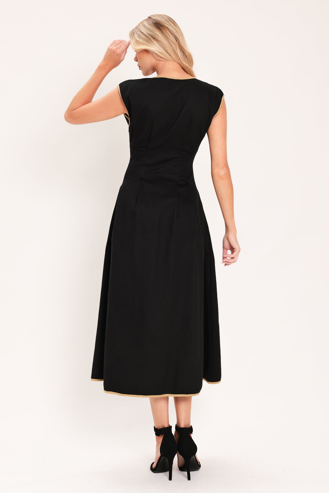 NIGHTFALL GOLD ACCENT WOVEN MIDI DRESS