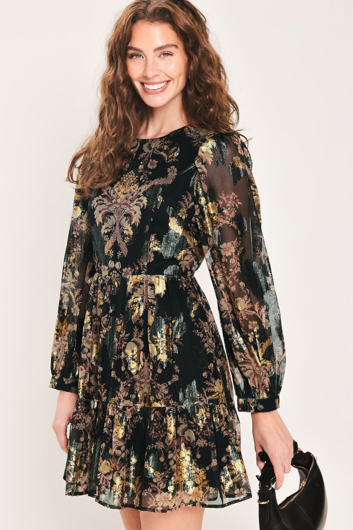 MIDNIGHT FLIRT BLACK PRINTED RUFFLE-HEM MINI DRESS