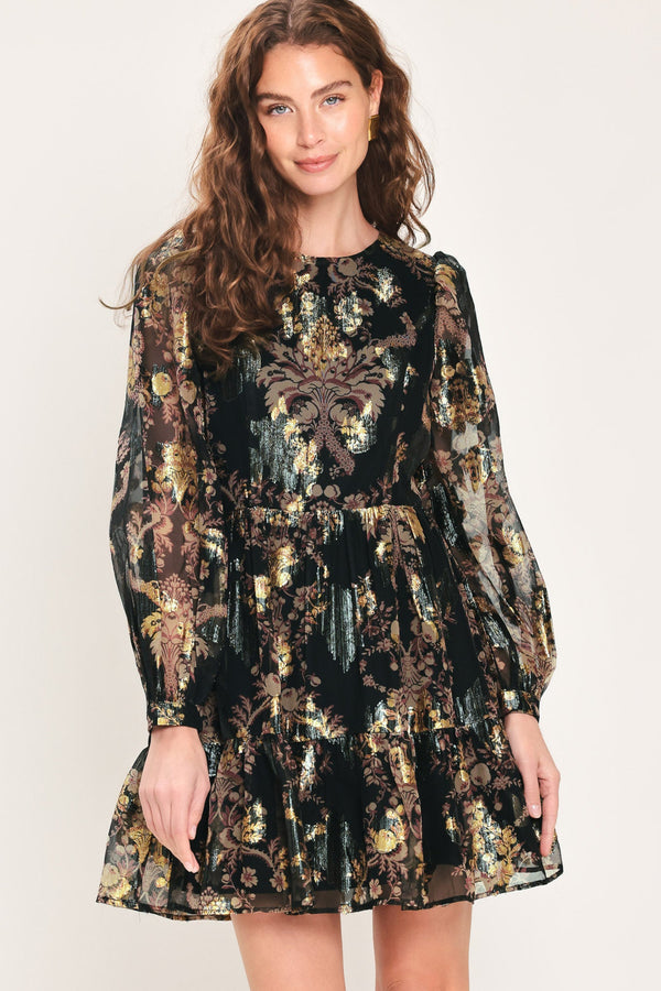 MIDNIGHT FLIRT BLACK PRINTED RUFFLE-HEM MINI DRESS