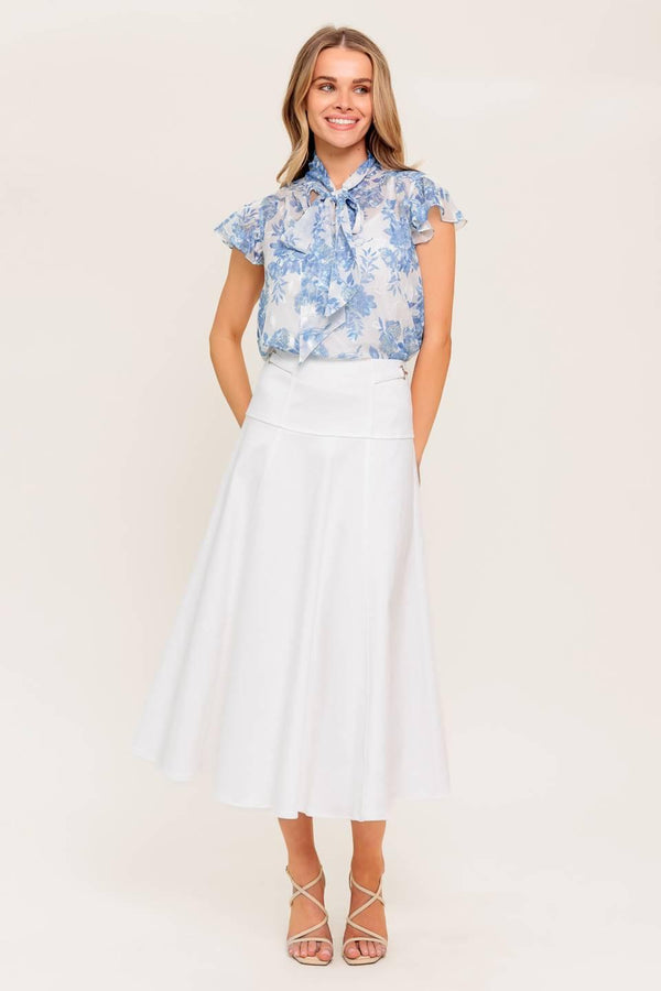 SECRET CHARM WHITE DENIM WOVEN MIDI SKIRT