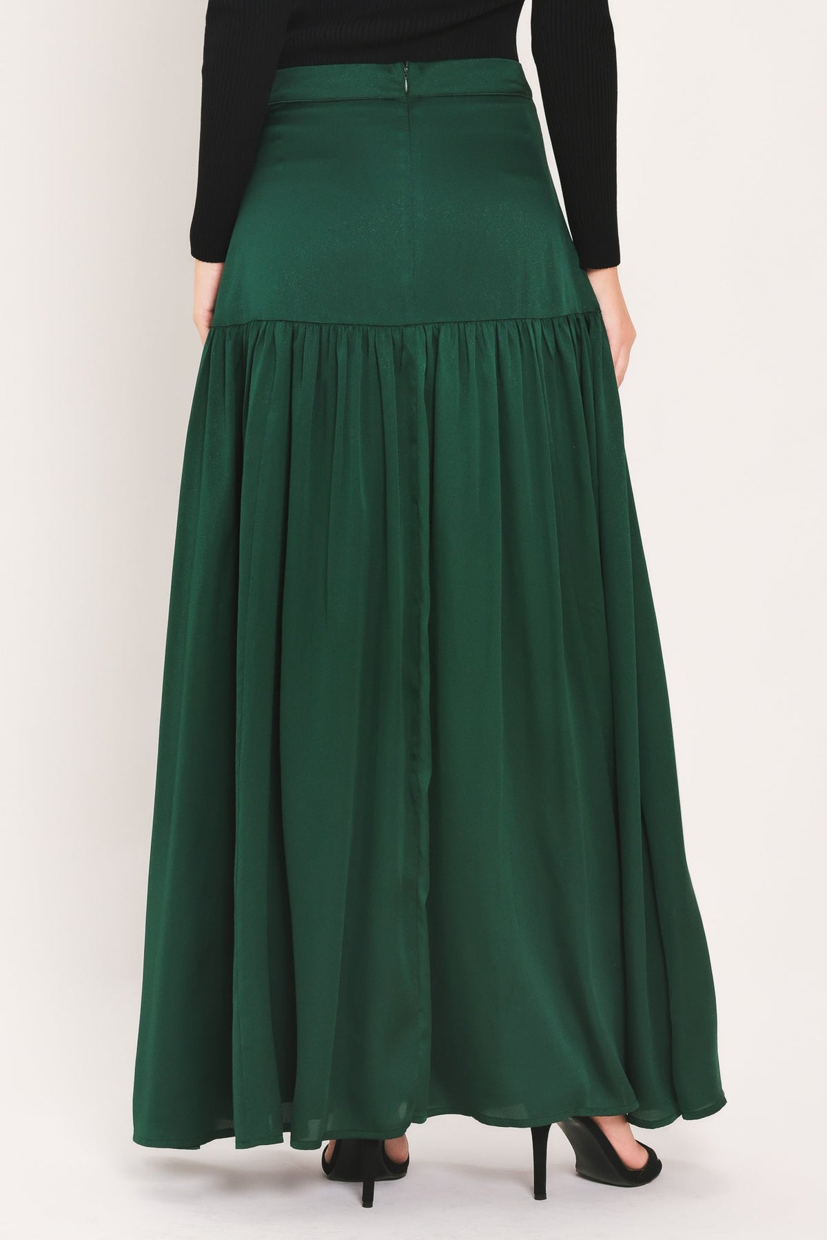 FOREST POISE HUNTER GREEN DROP-WAIST TIERED MAXI SKIRT