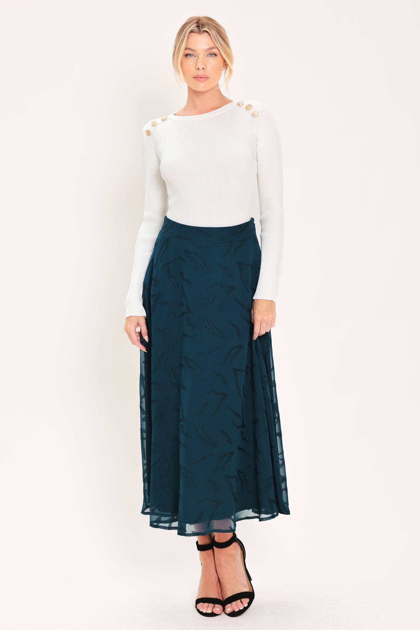TEAL SHADOW SWAY WOVEN JACQUARD CIRCLE MIDI SKIRT