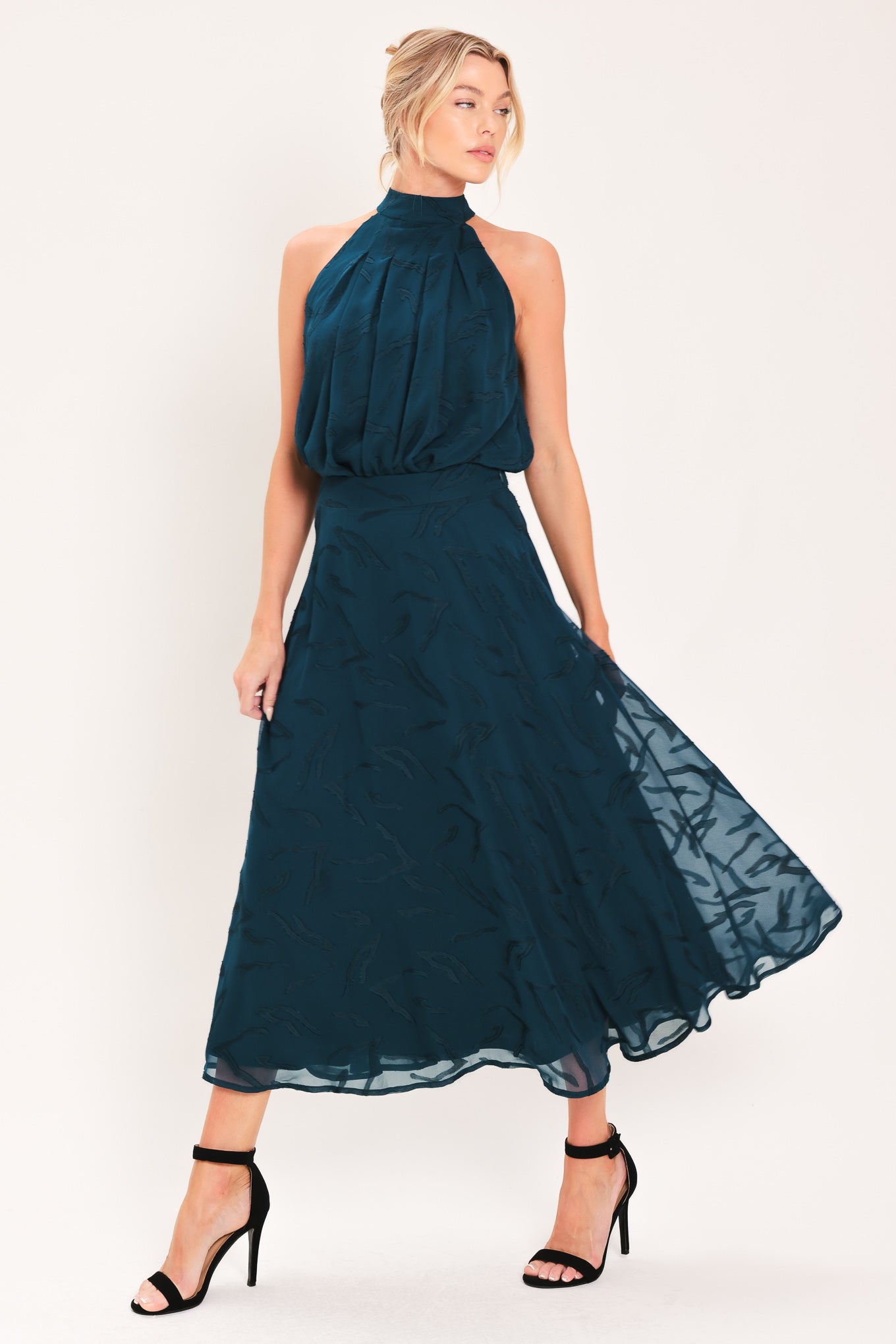 TEAL SHADOW SWAY WOVEN JACQUARD CIRCLE MIDI SKIRT
