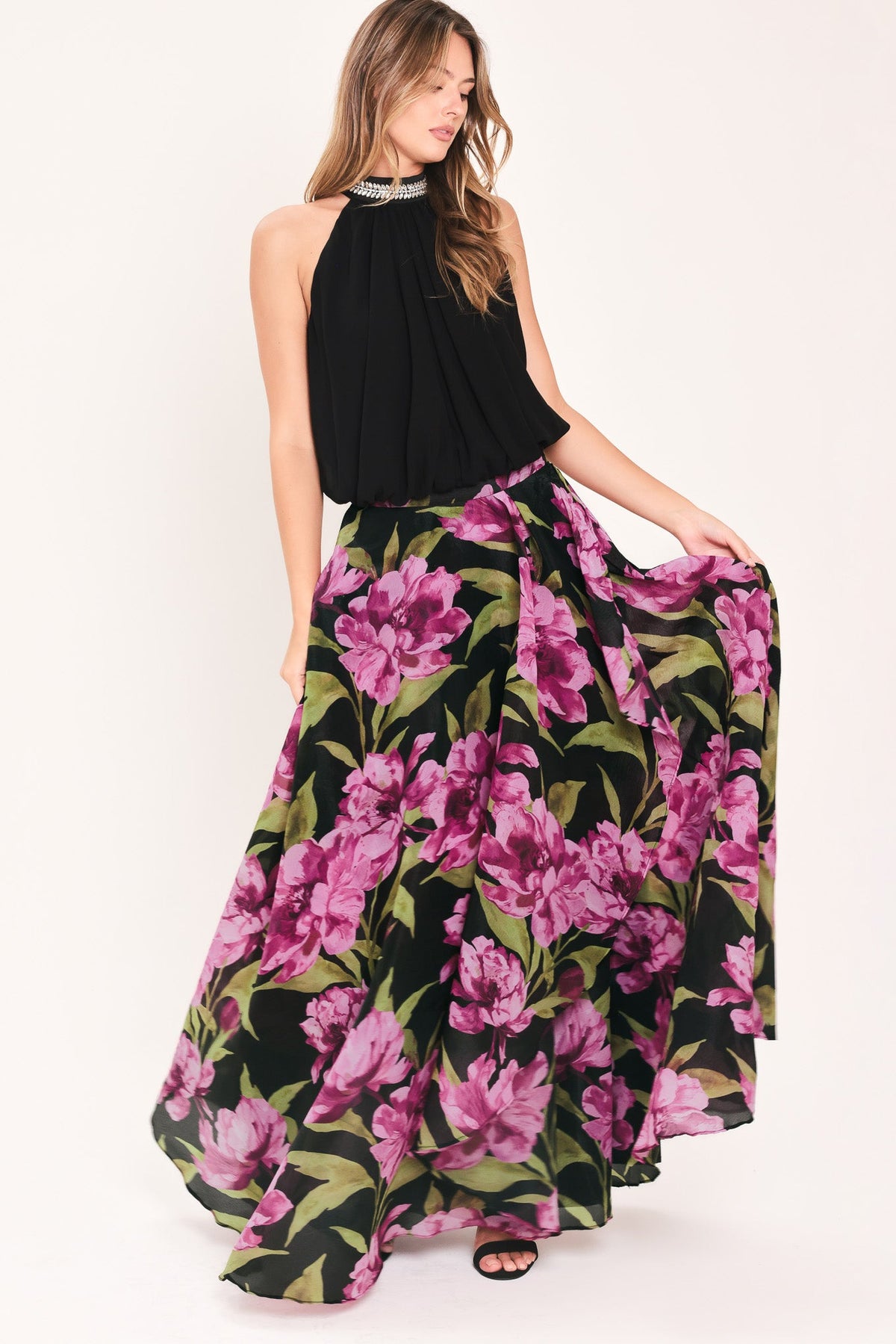 NOIR GARDEN BLACK PRINTED FULL-CIRCLE MAXI SKIRT