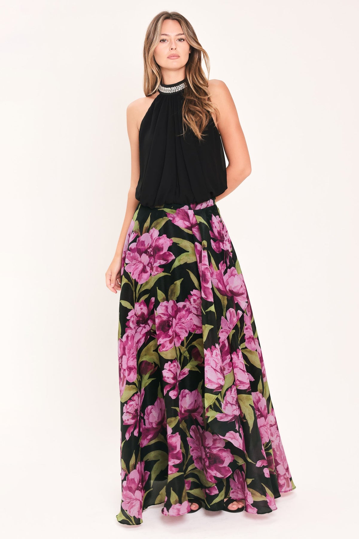 NOIR GARDEN BLACK PRINTED FULL-CIRCLE MAXI SKIRT
