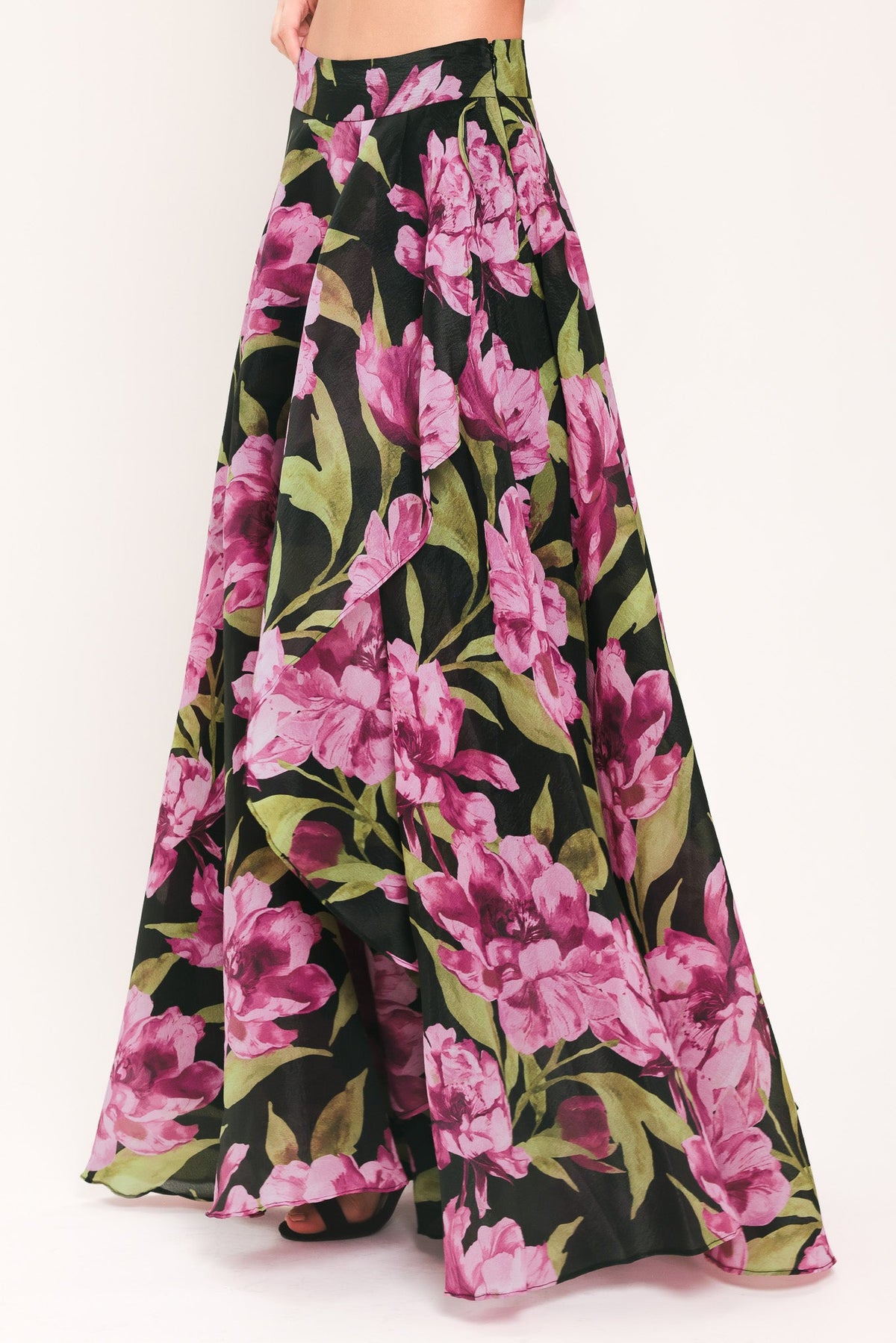 NOIR GARDEN BLACK PRINTED FULL-CIRCLE MAXI SKIRT
